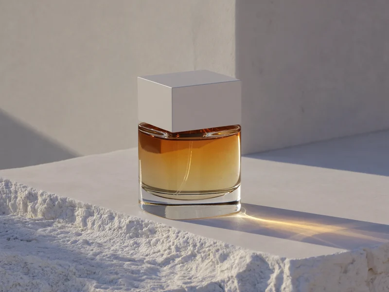 Flacon de parfum en verre au liquide dégradé posé sur une surface de pierre claire