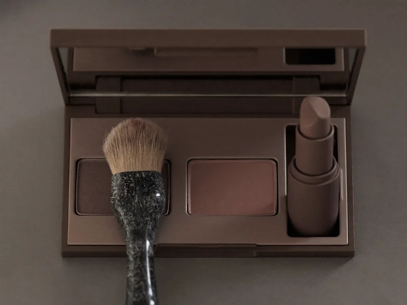 Palette de maquillage ouverte, pinceau doux et rouge à lèvres uni sur surface mate