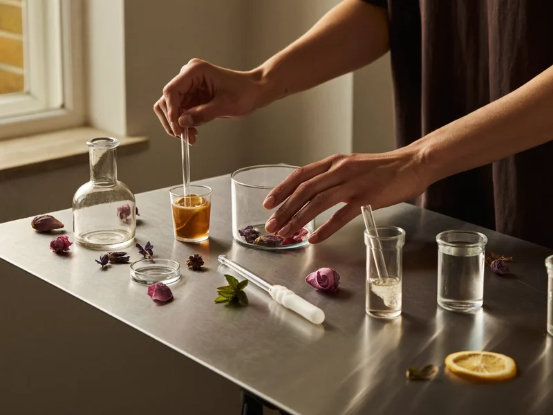 Mains composant une fragrance sur un établi avec béchers, pipettes et plantes séchées