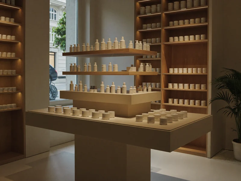 Intérieur de boutique de cosmétiques épuré avec étagères claires et flacons sans marque