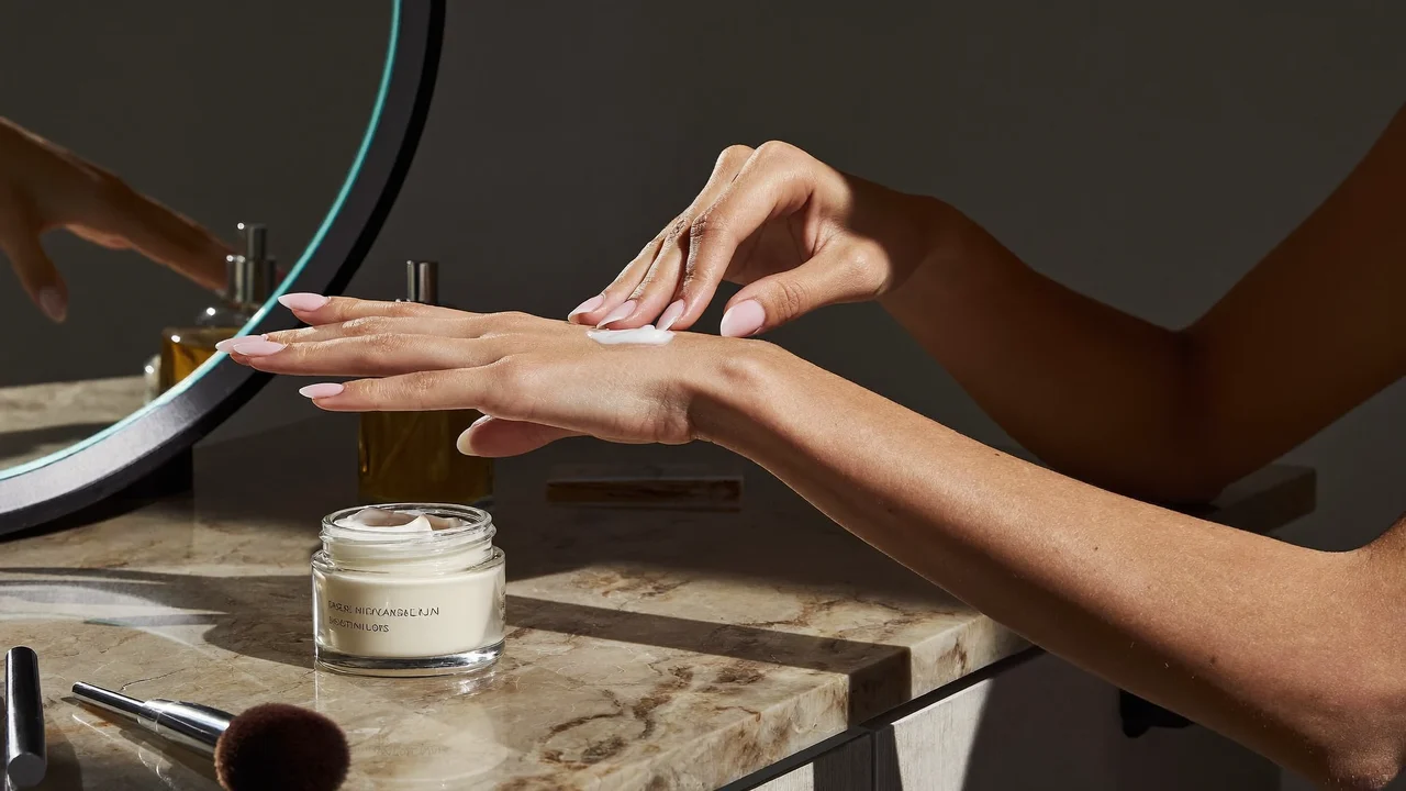 Mains appliquant une noisette de crème sur le dos de la main devant un miroir rond